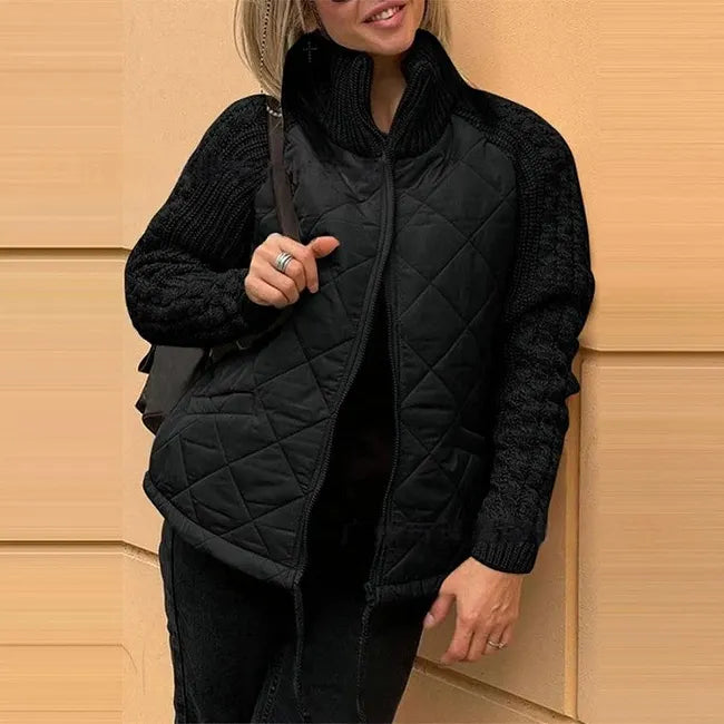 Women's Quilted Jacket With Chunky Knit Sleeves And Stand Collar