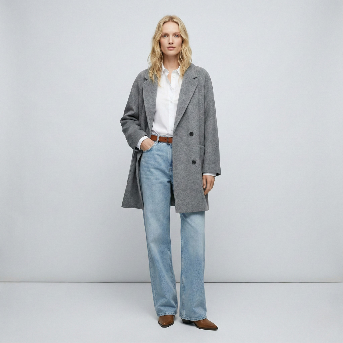 Women's Double Breasted Wool Blend Coat with Notch Lapel