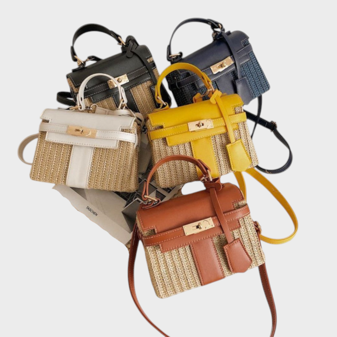 Women's Woven Canvas and Leather Top Handle Bag with Strap