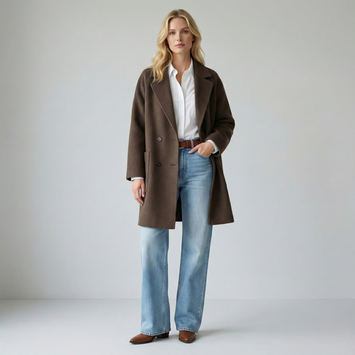 Women's Double Breasted Wool Blend Coat with Notch Lapel