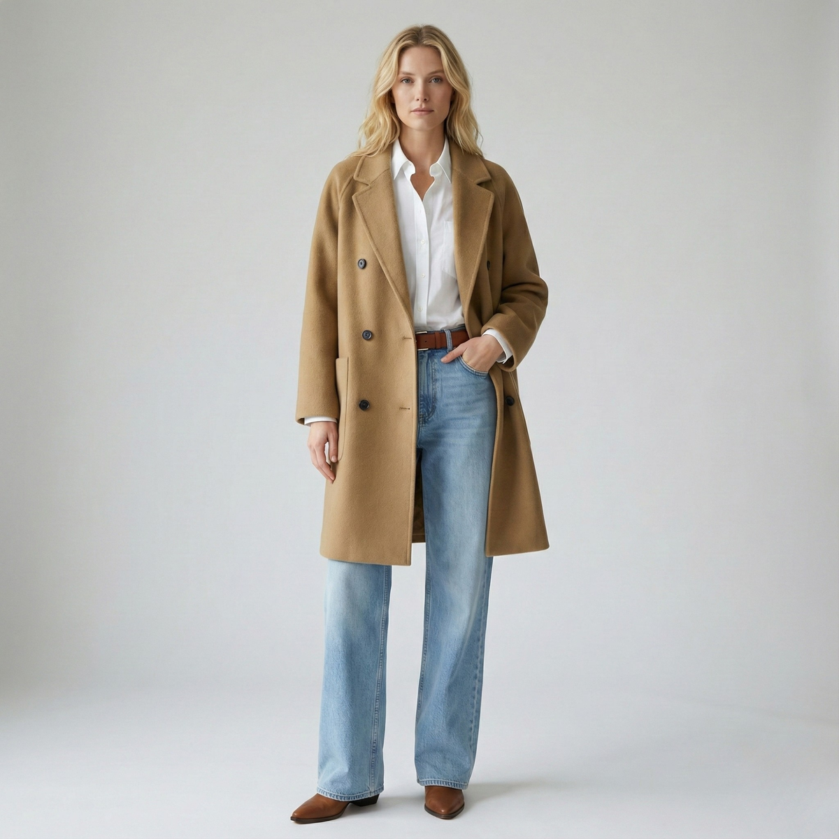 Women's Double Breasted Wool Blend Coat with Notch Lapel