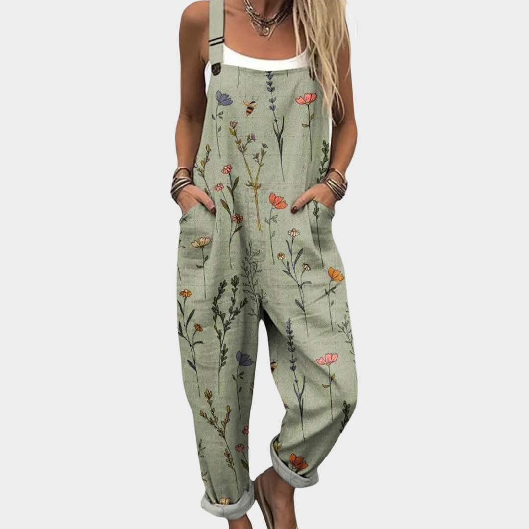 Green printed wide leg overalls