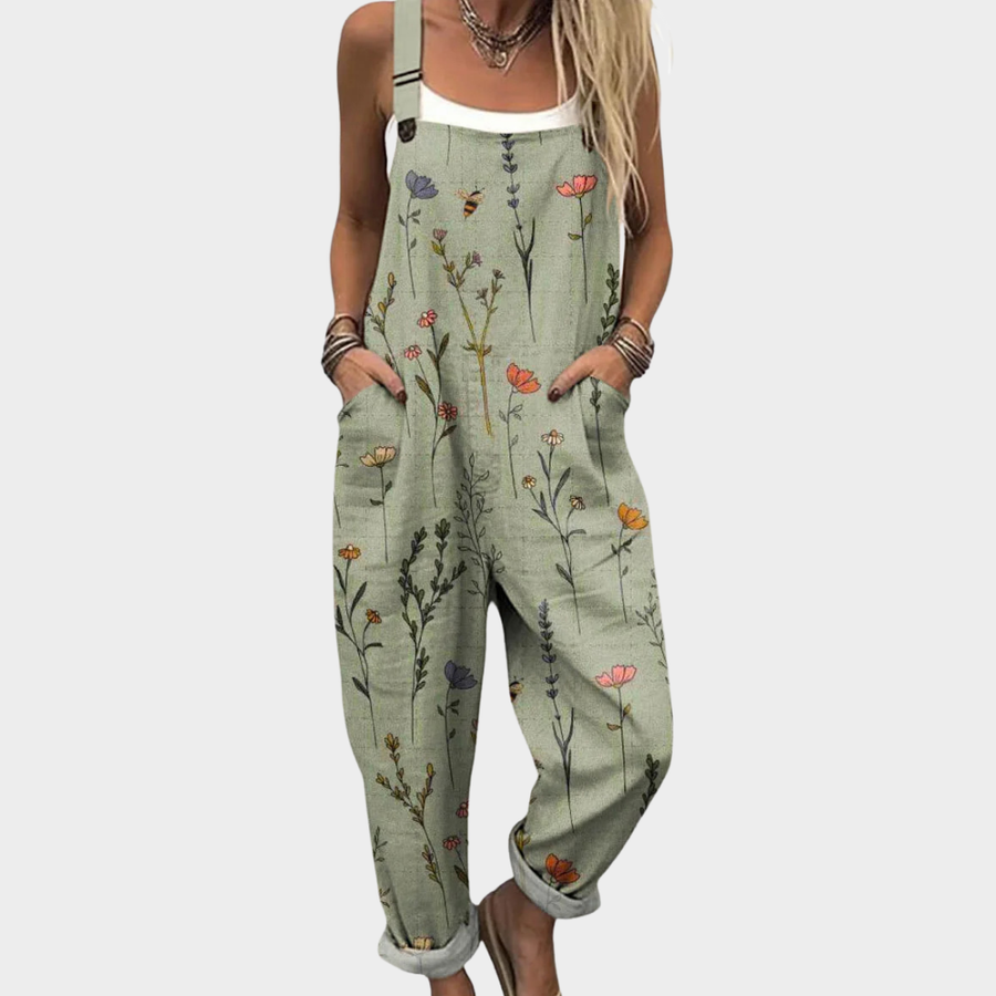 Green printed wide leg overalls