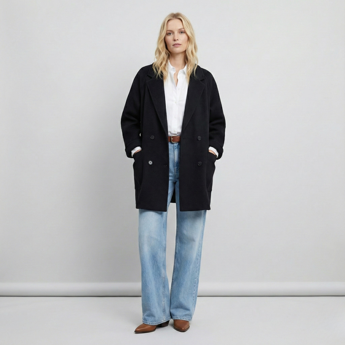 Women's Double Breasted Wool Blend Coat with Notch Lapel