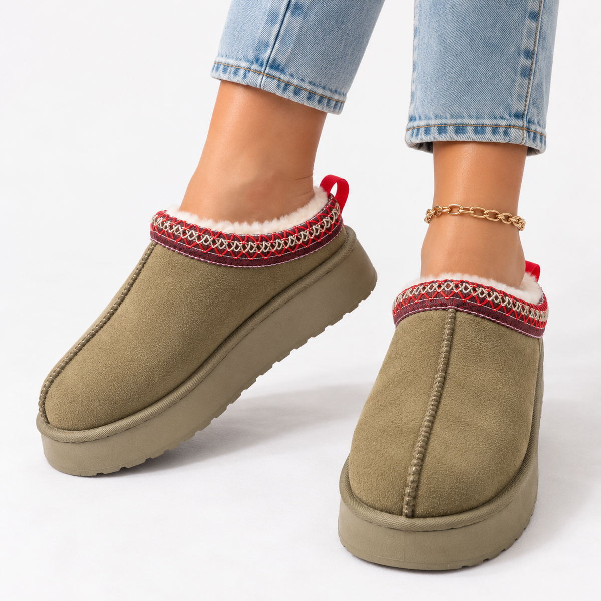 Women's Suede Slip On Winter Slippers with Faux Fur Lining and Embroidered Collar