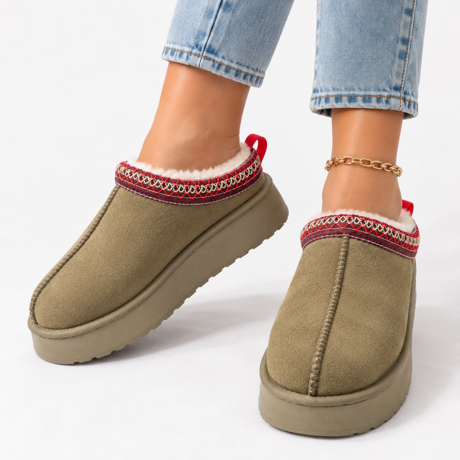 Women's Suede Slip On Winter Slippers with Faux Fur Lining and Embroidered Collar