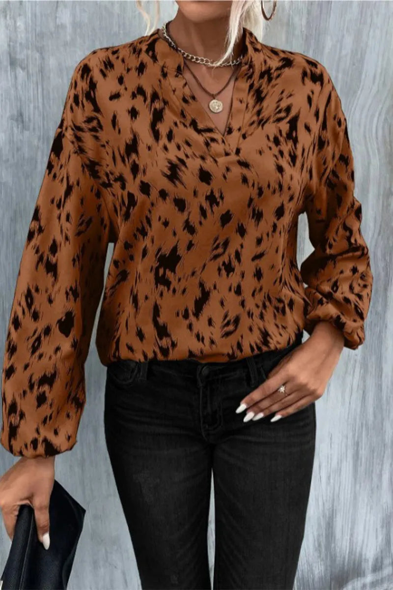 Women's Animal Print V Neck Long Sleeve Blouse