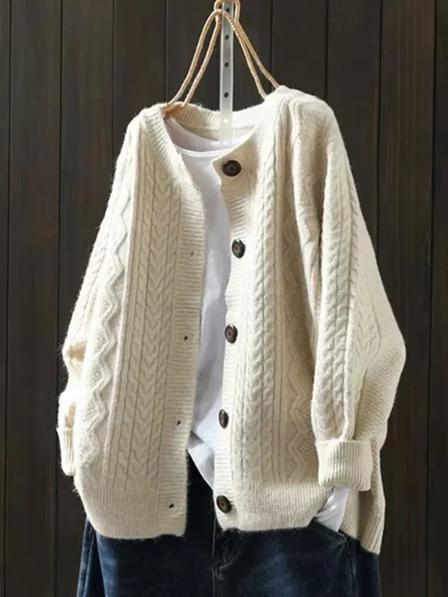 Women's Cable Knit Button Front Cardigan With Round Neck
