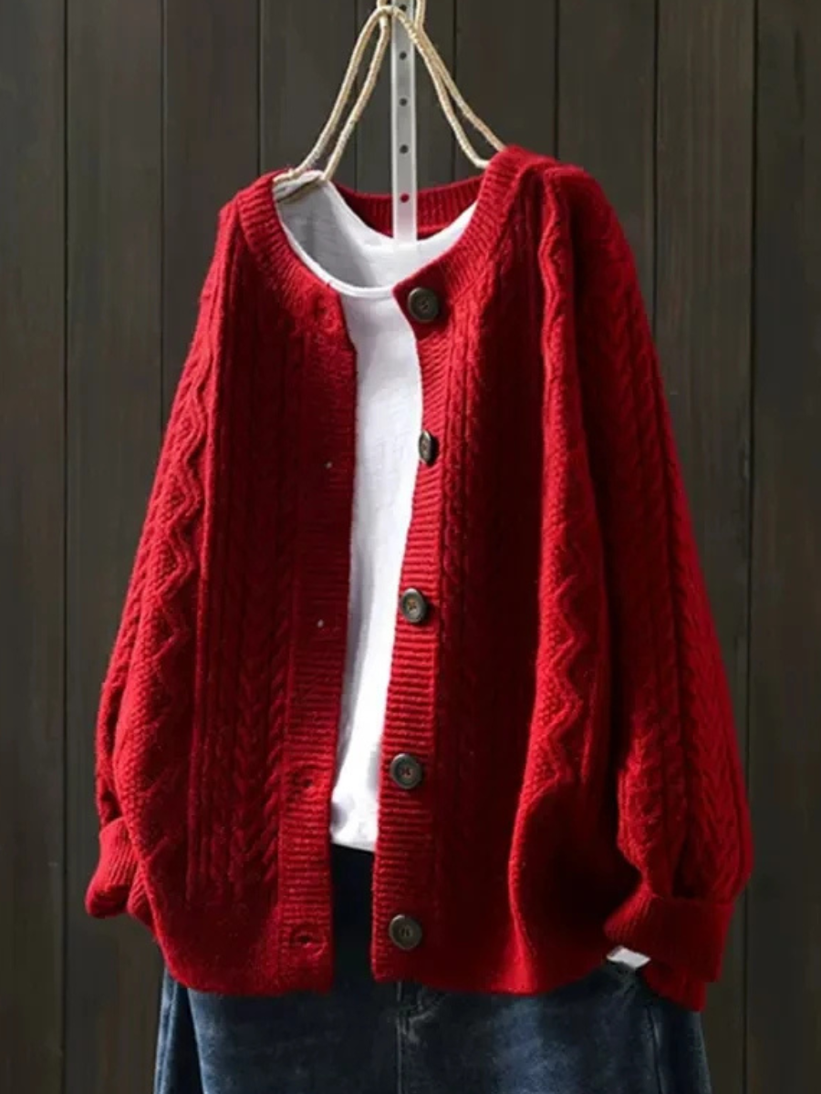 Women's Cable Knit Button Front Cardigan With Round Neck