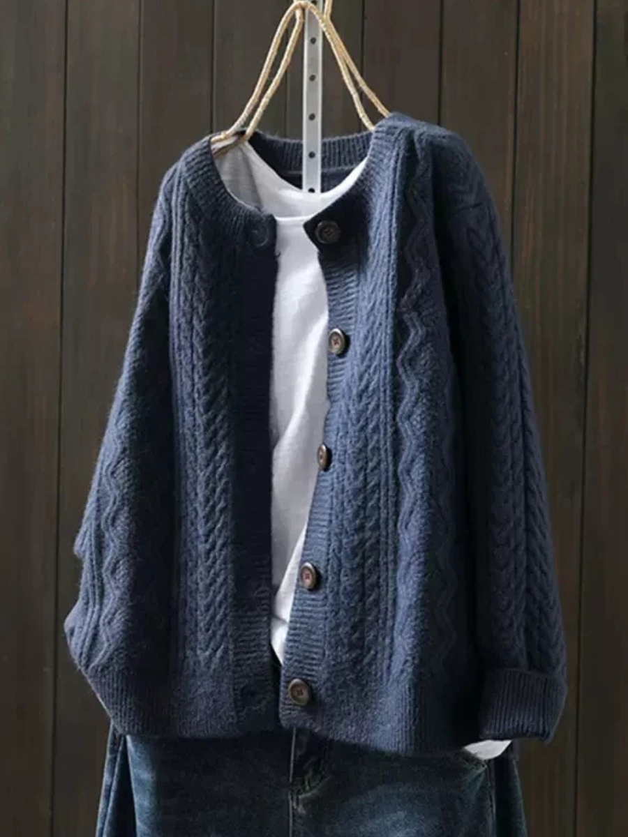 Women's Cable Knit Button Front Cardigan With Round Neck