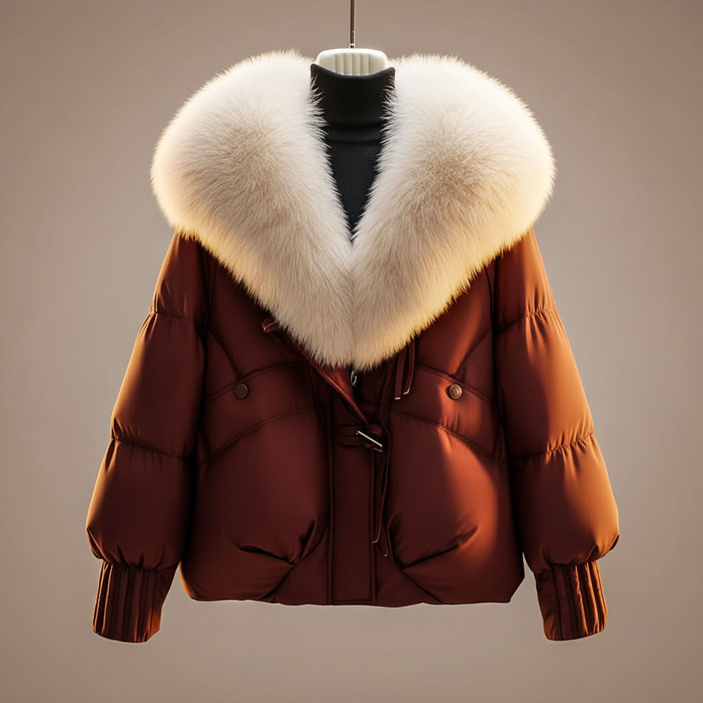 Women's Padded Coat With Plush Oversized Collar And Zip Front