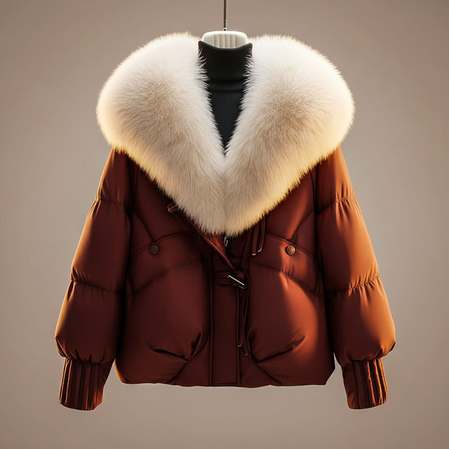 Women's Padded Coat With Plush Oversized Collar And Zip Front