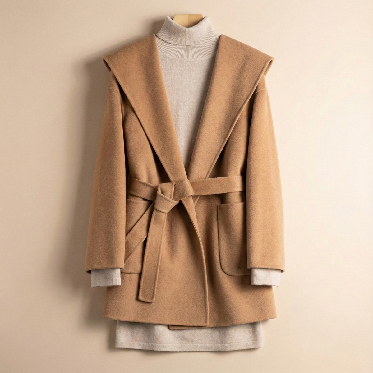 Women's Belted Hooded Wool Blend Coat with Patch Pockets