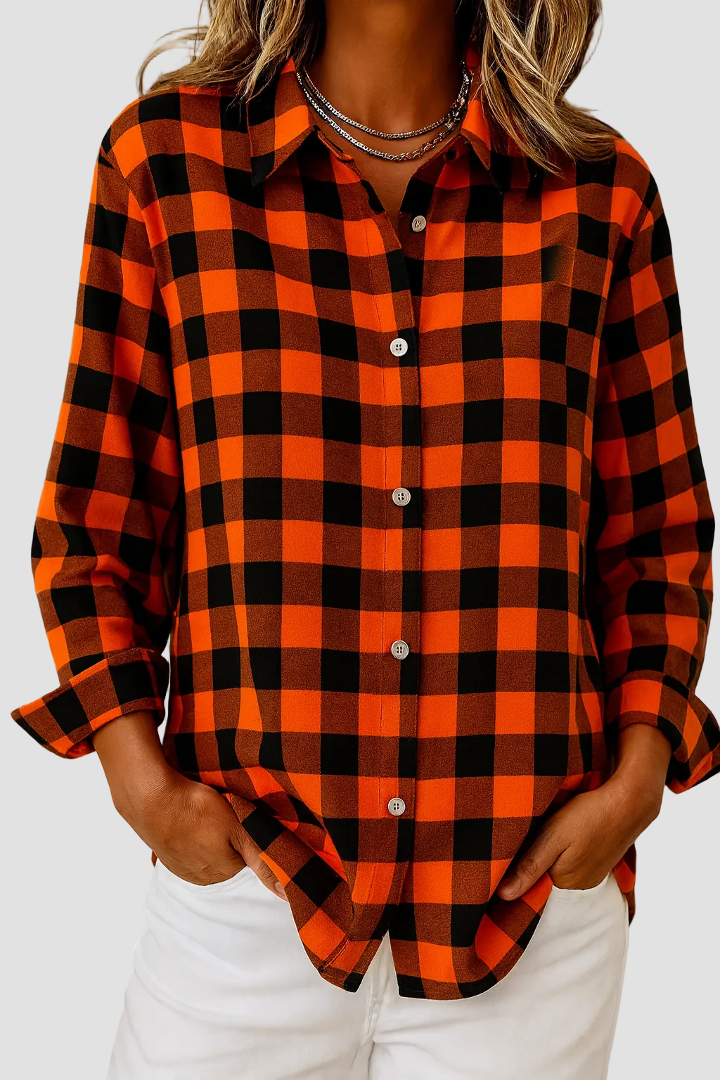 Plaid Shirt with Collared Neck and Long Sleeves