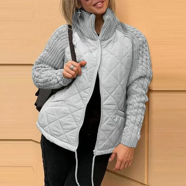 Women's Quilted Jacket With Chunky Knit Sleeves And Stand Collar