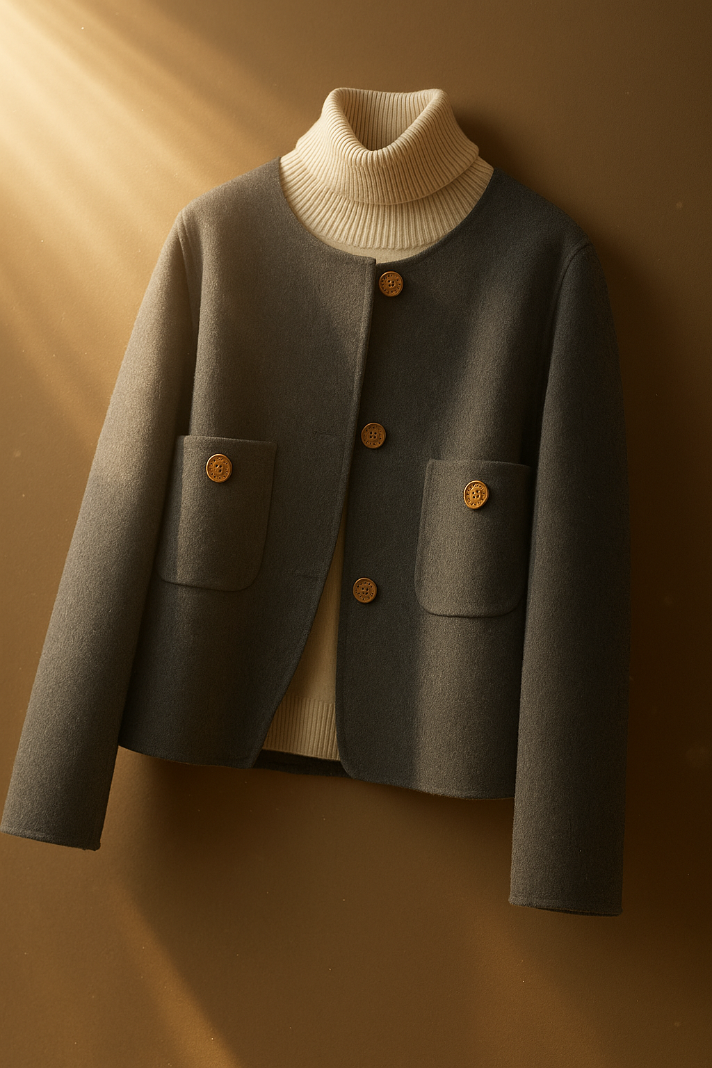 Women's Collarless Wool Jacket with Button Front and Front Pockets