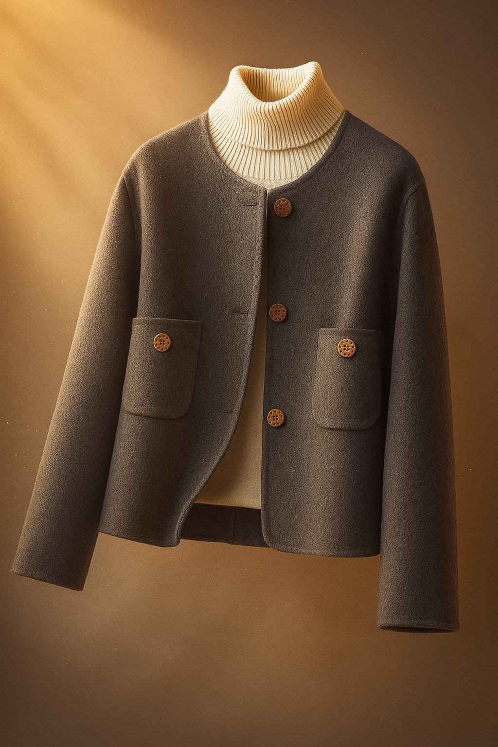 Women's Collarless Wool Jacket with Button Front and Front Pockets