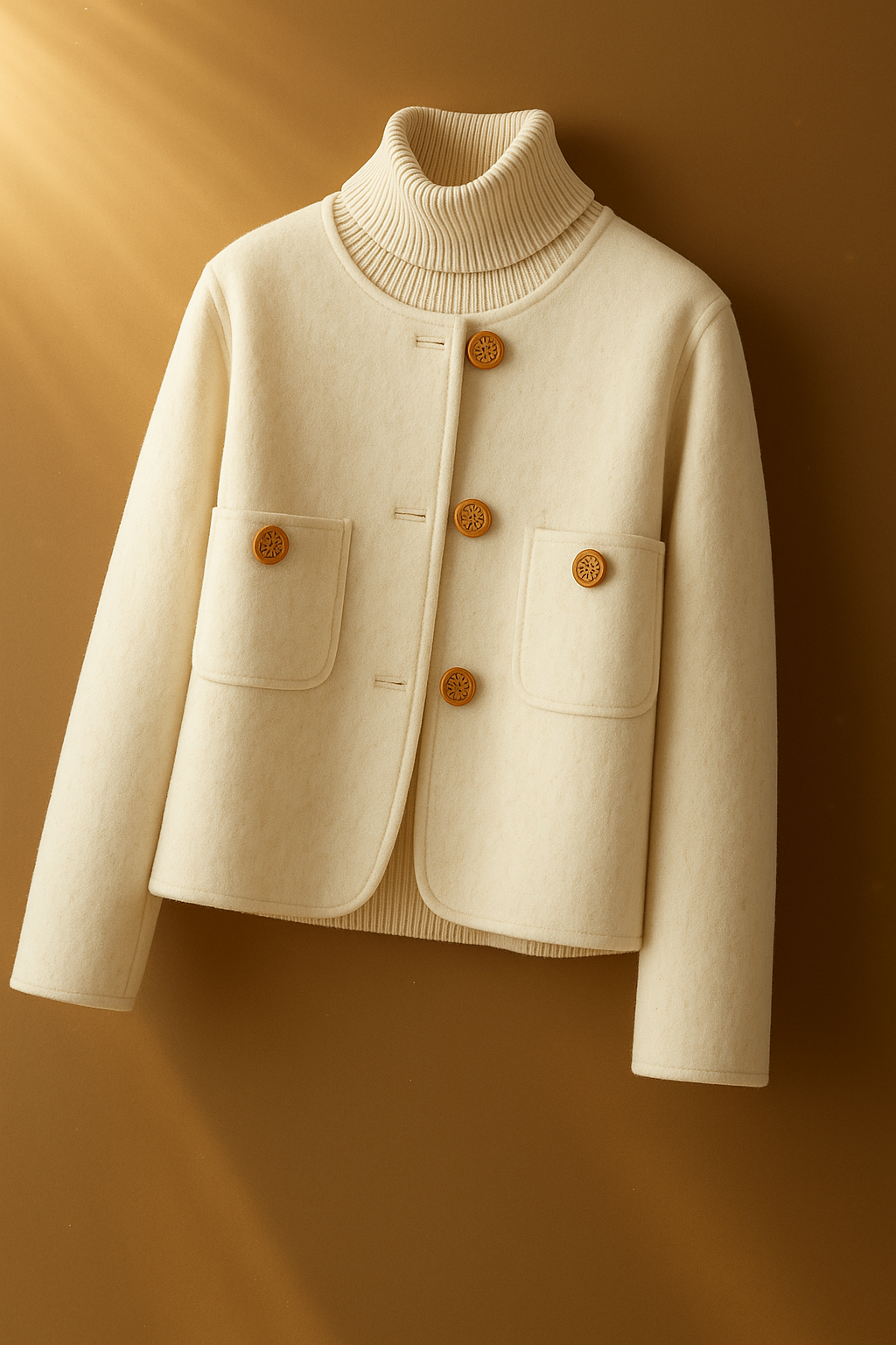 Women's Collarless Wool Jacket with Button Front and Front Pockets