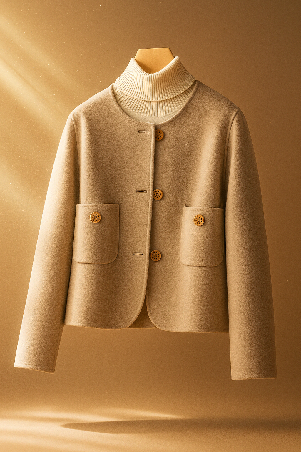 Women's Collarless Wool Jacket with Button Front and Front Pockets
