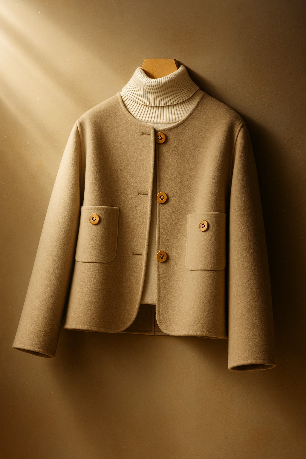 Women's Collarless Wool Jacket with Button Front and Front Pockets