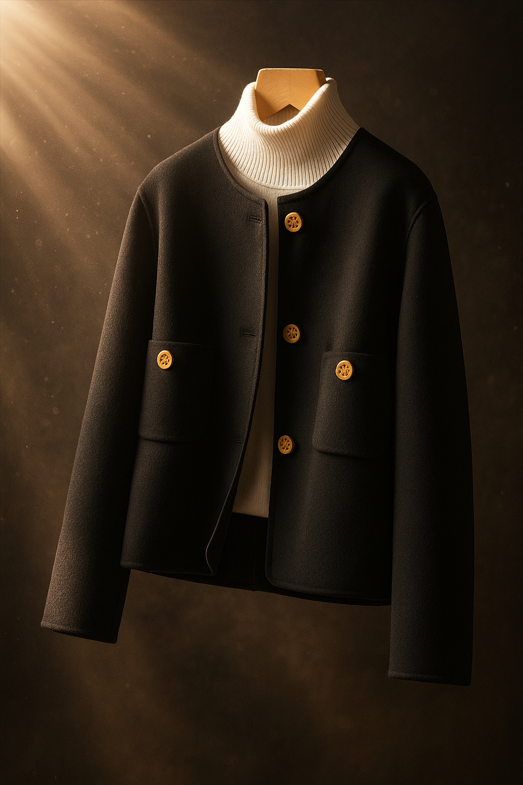 Women's Collarless Wool Jacket with Button Front and Front Pockets