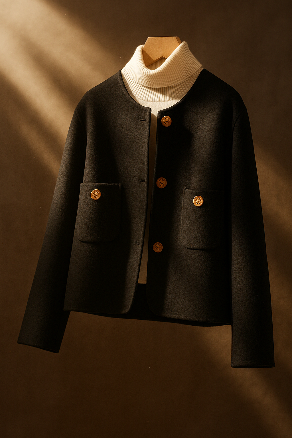 Women's Collarless Wool Jacket with Button Front and Front Pockets