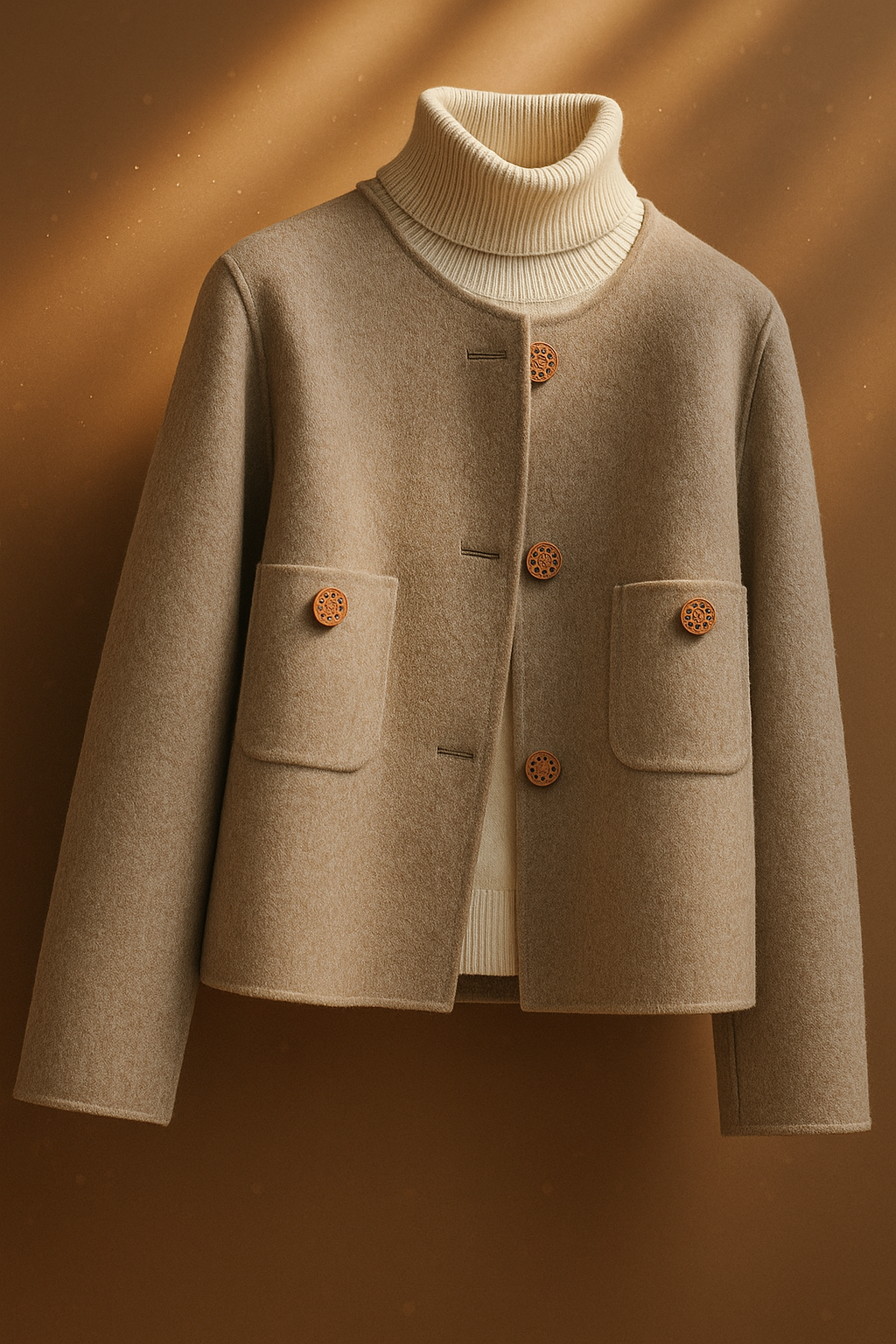 Women's Collarless Wool Jacket with Button Front and Front Pockets