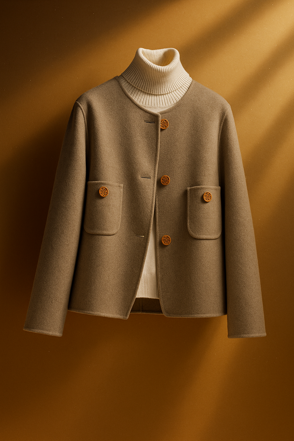 Women's Collarless Wool Jacket with Button Front and Front Pockets