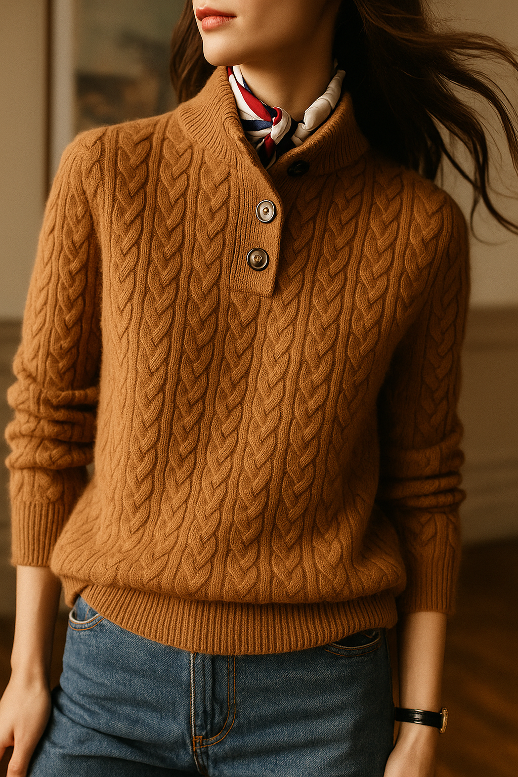 Men's Cashmere Cable Knit Sweater with Button Neck and Long Sleeves