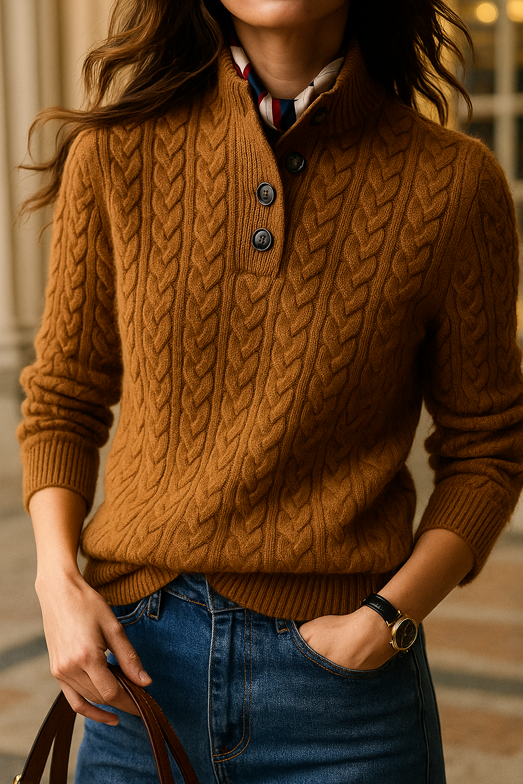 Men's Cashmere Cable Knit Sweater with Button Neck and Long Sleeves