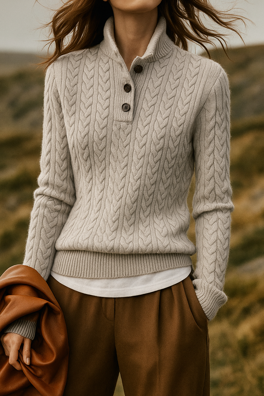 Men's Cashmere Cable Knit Sweater with Button Neck and Long Sleeves