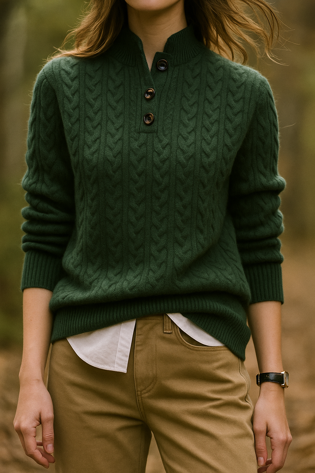 Men's Cashmere Cable Knit Sweater with Button Neck and Long Sleeves