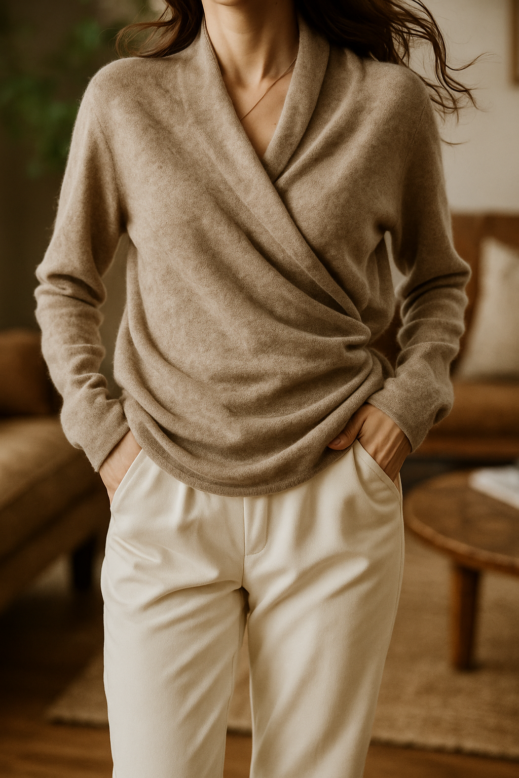 Women's V Neck Knit Sweater with Wrap Front and Long Sleeves