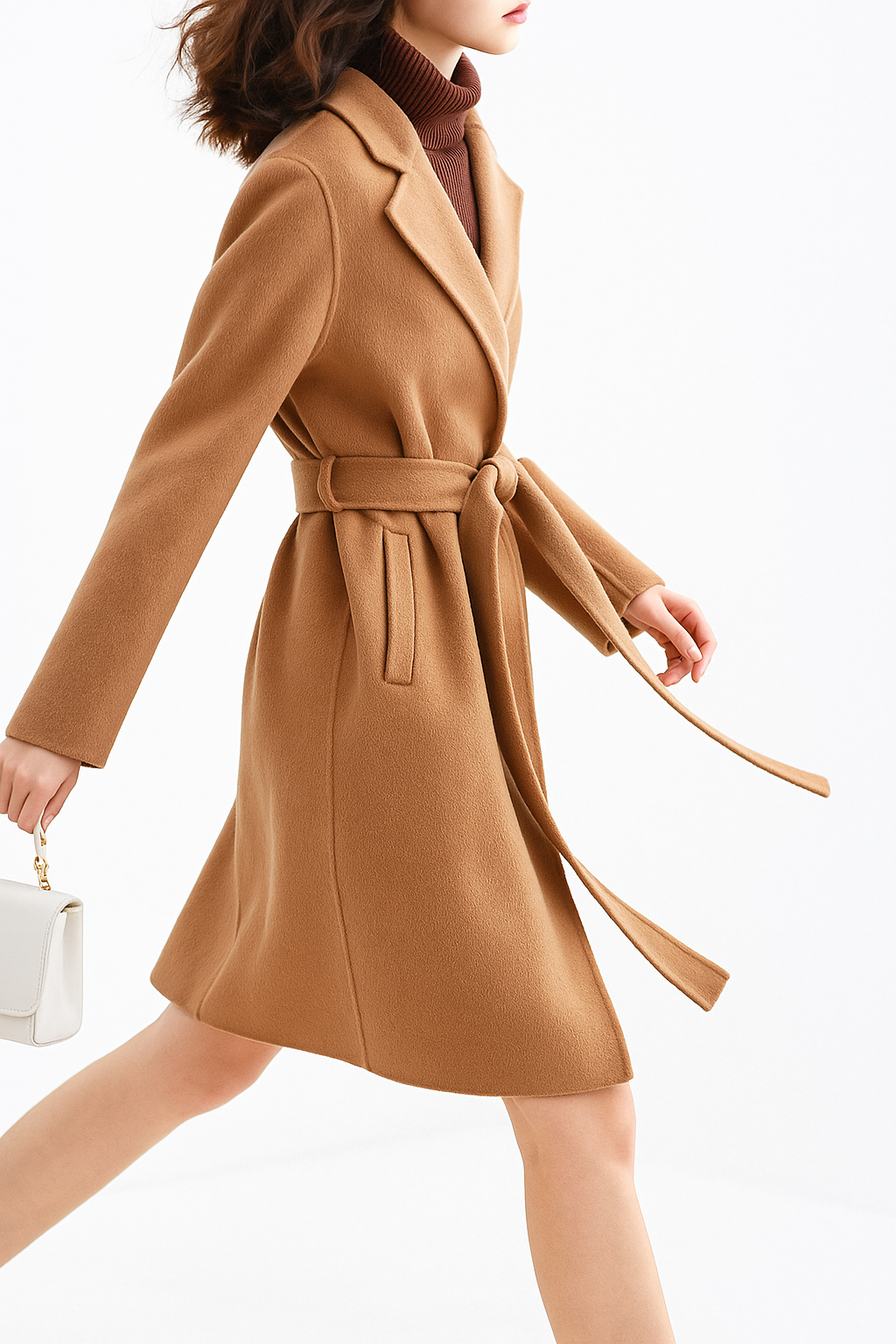 Women's Wool Blend Coat with Tie Belt and Notch Lapel