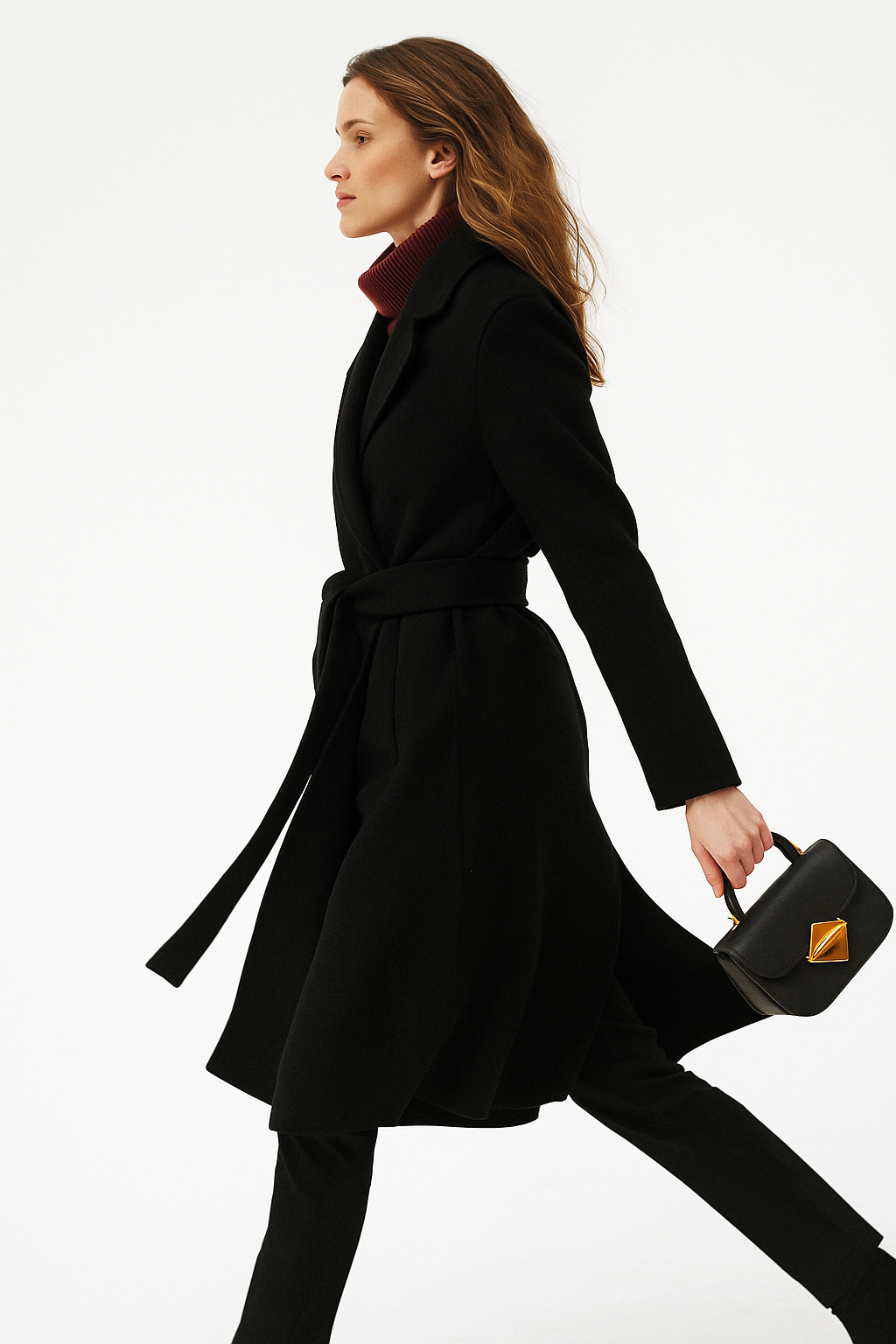 Women's Wool Blend Coat with Tie Belt and Notch Lapel
