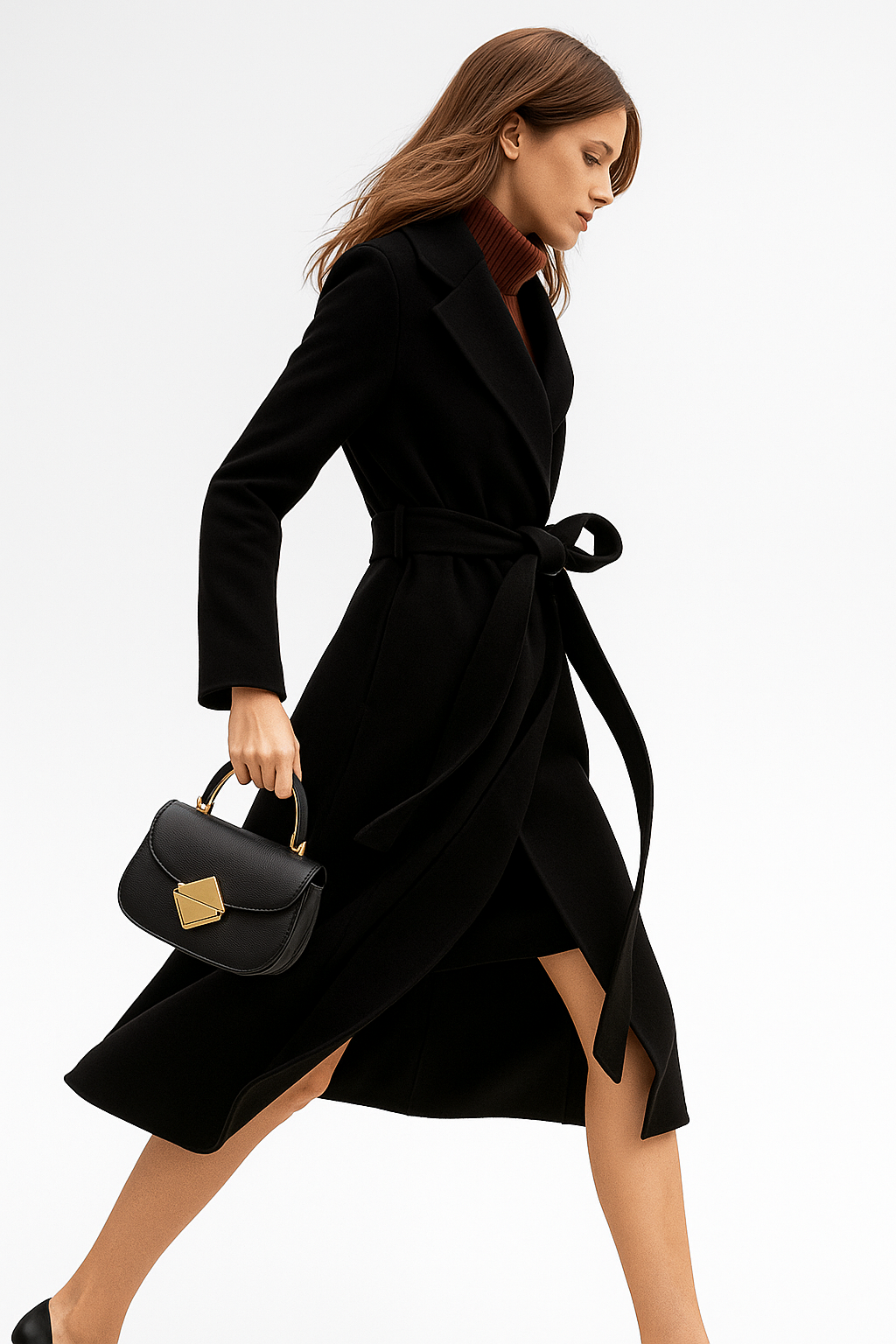 Women's Wool Blend Coat with Tie Belt and Notch Lapel