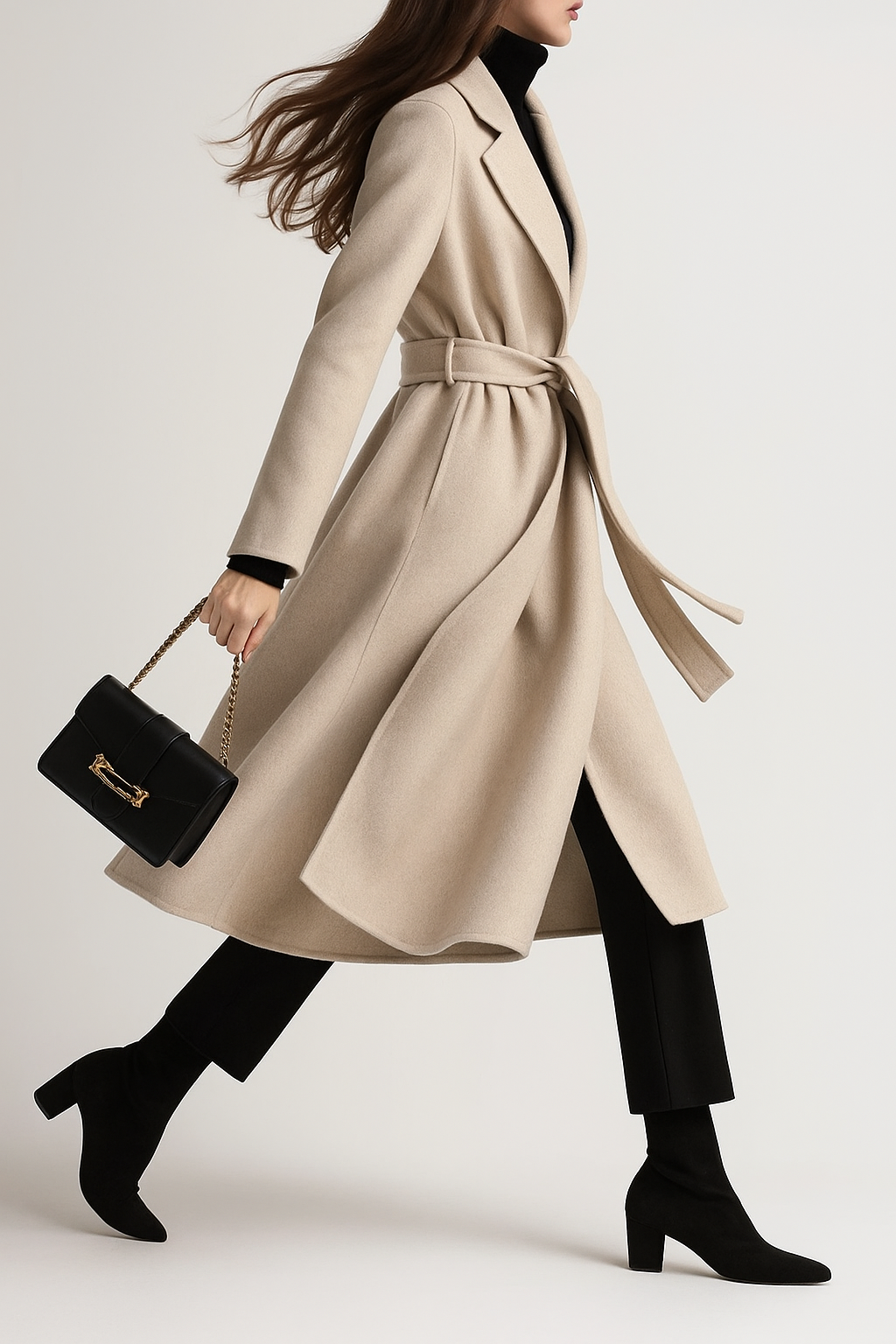 Women's Wool Blend Coat with Tie Belt and Notch Lapel