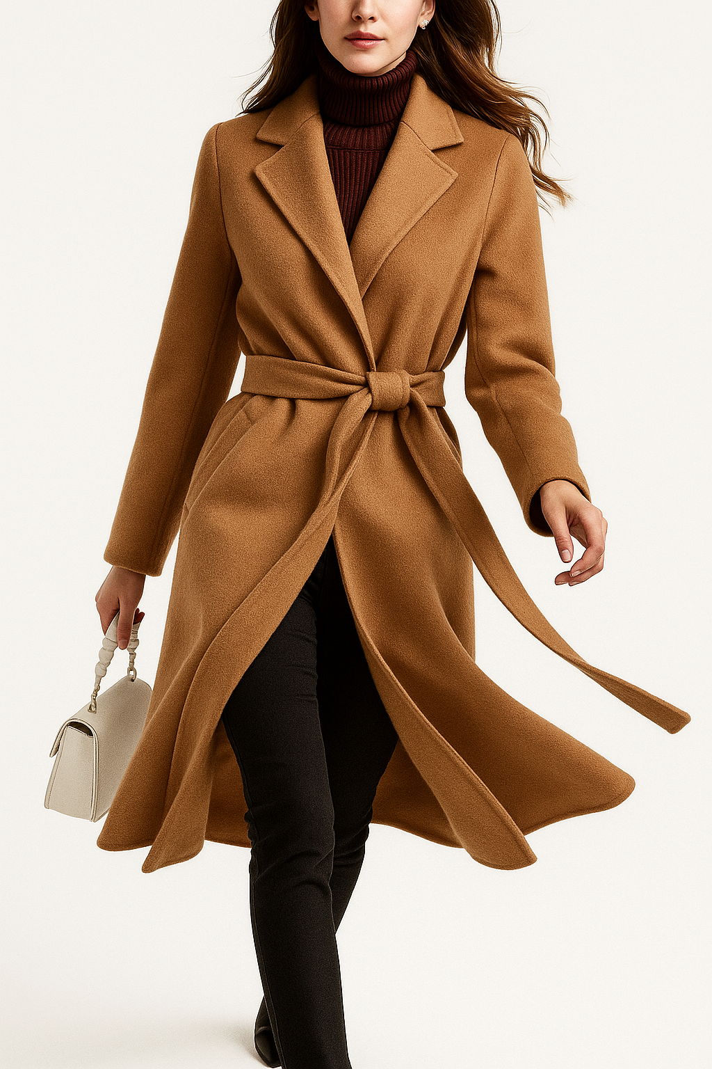 Women's Wool Blend Coat with Tie Belt and Notch Lapel