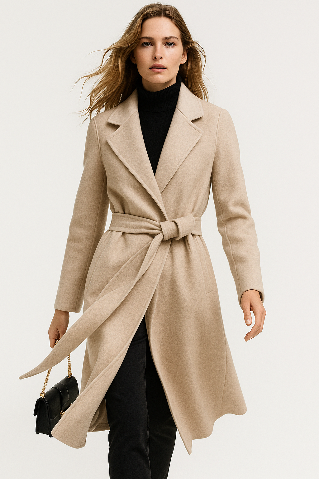 Women's Wool Blend Coat with Tie Belt and Notch Lapel