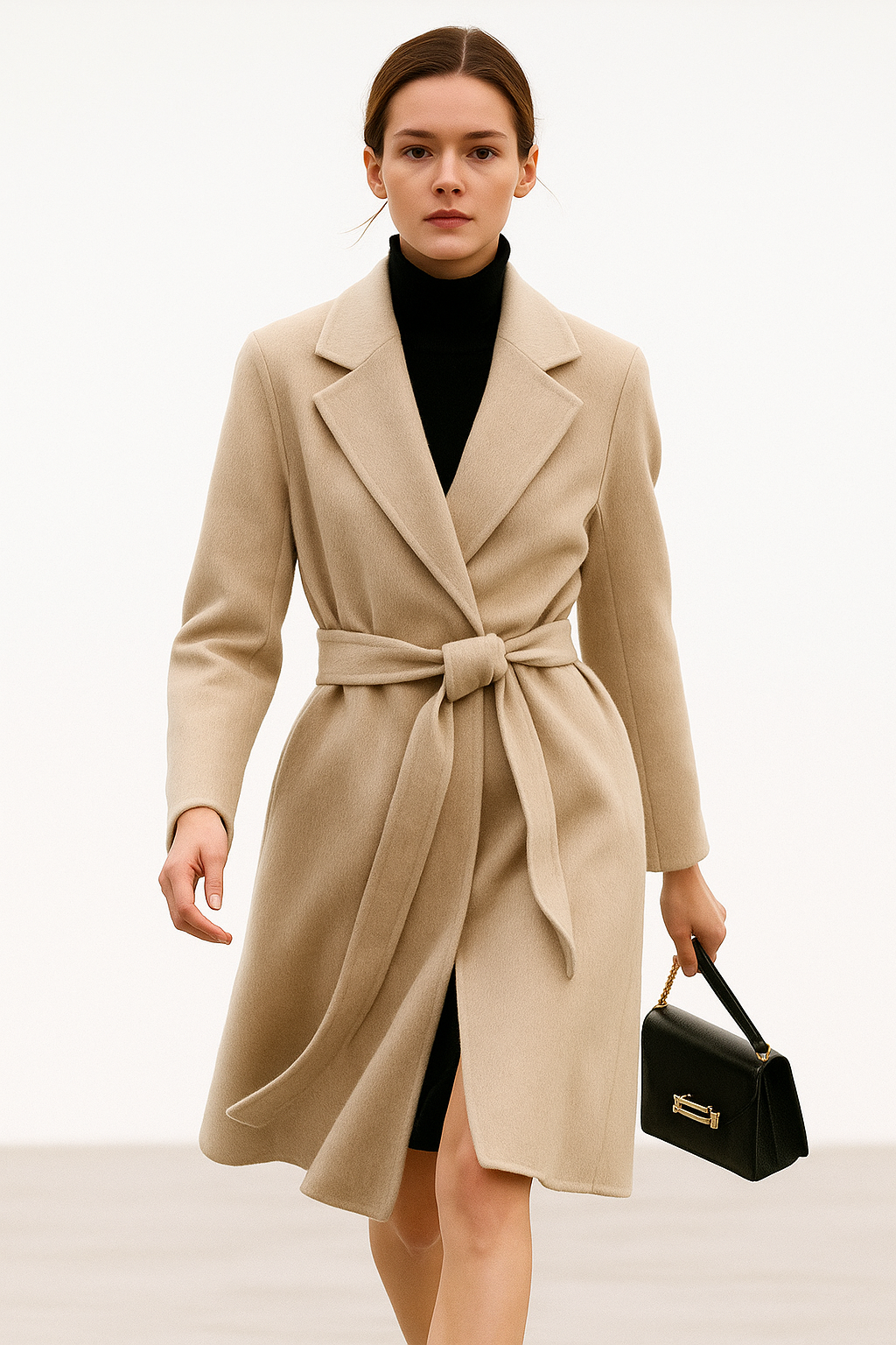 Women's Wool Blend Coat with Tie Belt and Notch Lapel