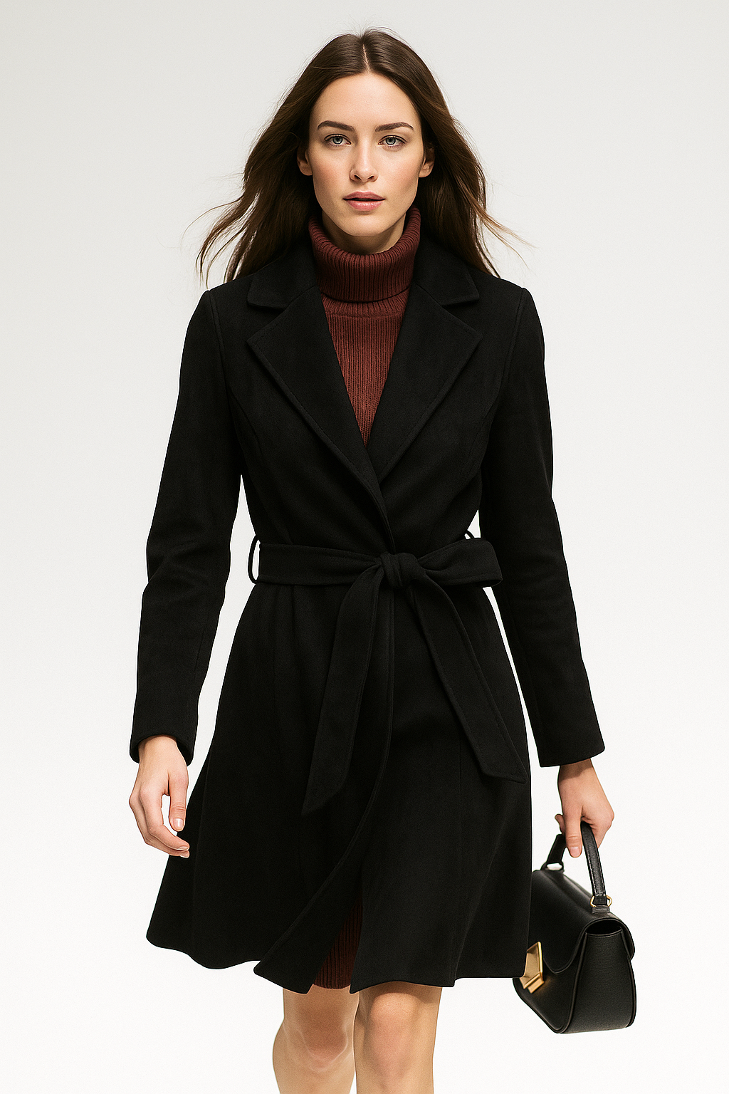 Women's Wool Blend Coat with Tie Belt and Notch Lapel