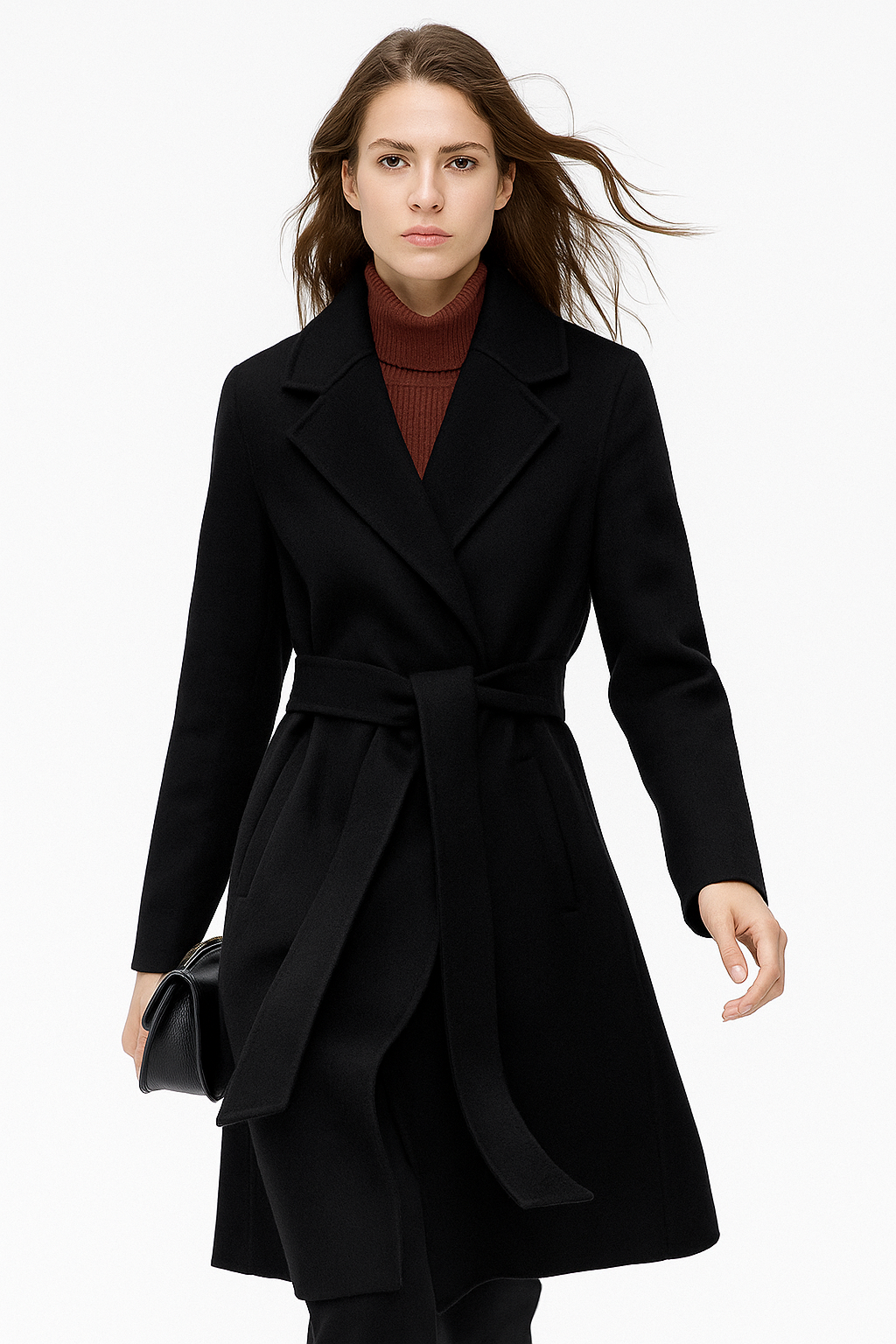 Women's Wool Blend Coat with Tie Belt and Notch Lapel