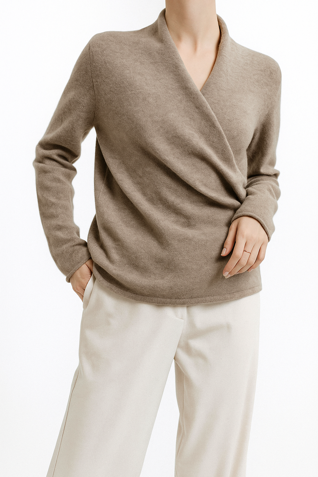 Women's V Neck Knit Sweater with Wrap Front and Long Sleeves