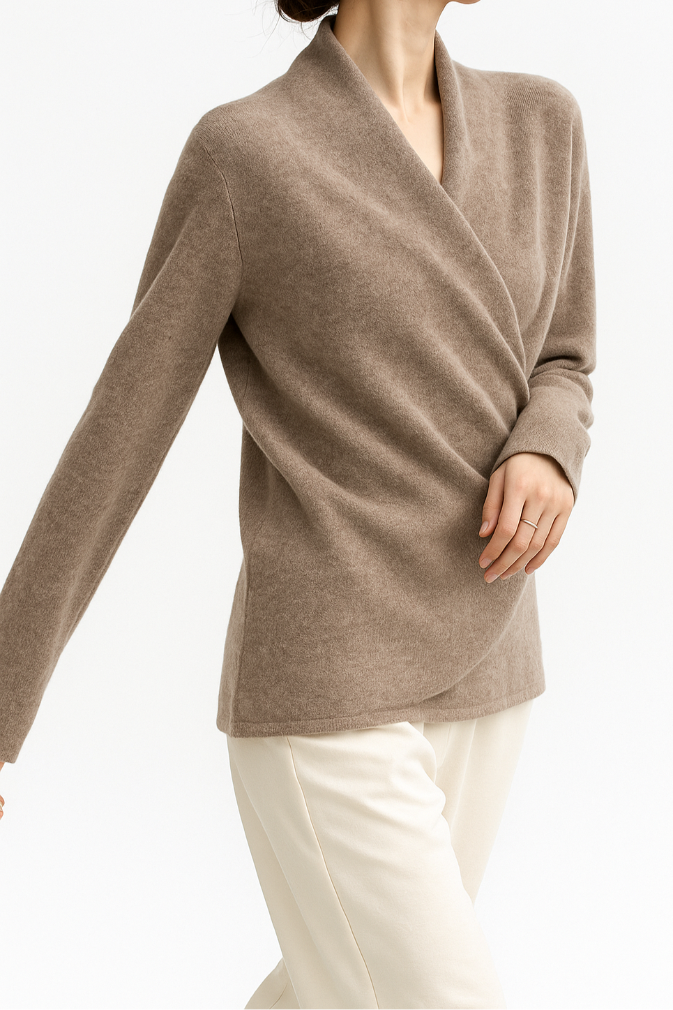 Women's V Neck Knit Sweater with Wrap Front and Long Sleeves