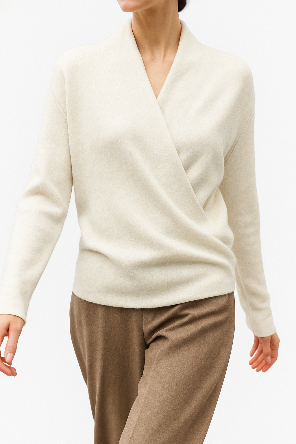 Women's V Neck Knit Sweater with Wrap Front and Long Sleeves