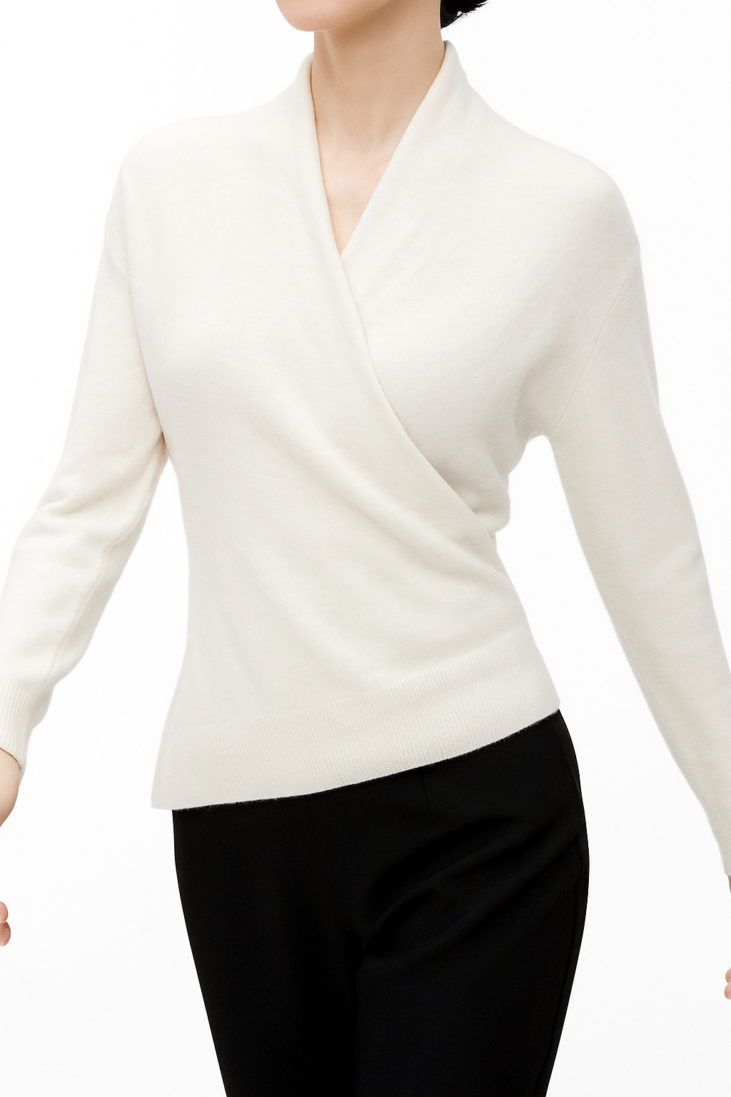 Women's V Neck Knit Sweater with Wrap Front and Long Sleeves