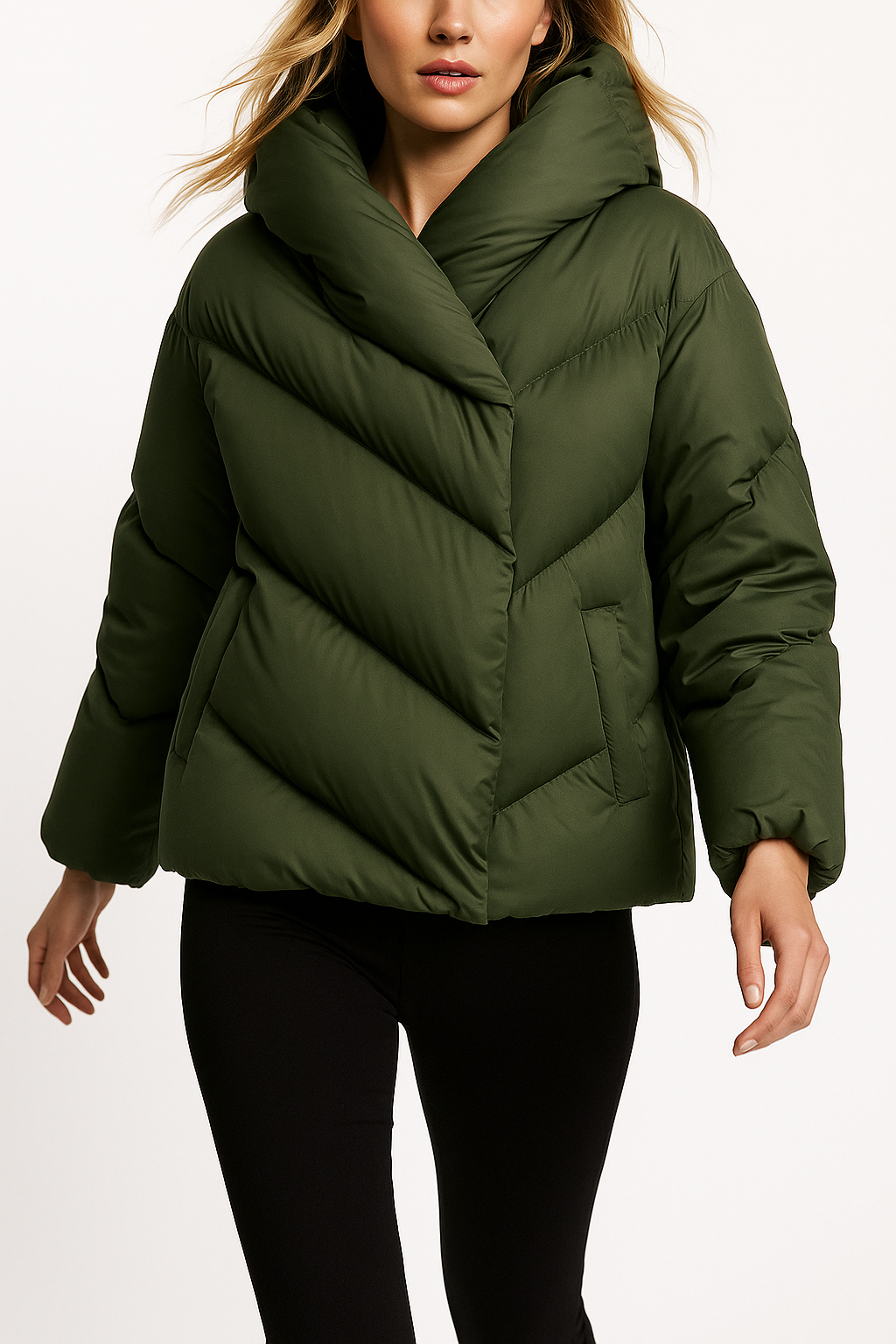 Women's Hooded Down Puffer Jacket with Zip Front and Pockets