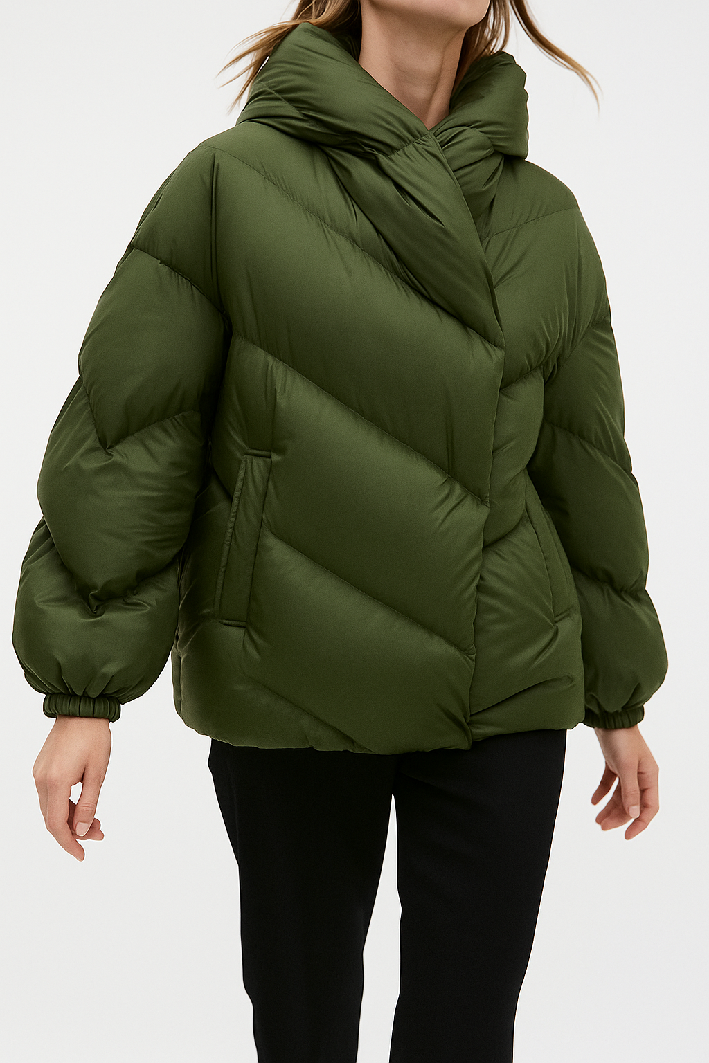 Women's Hooded Down Puffer Jacket with Zip Front and Pockets