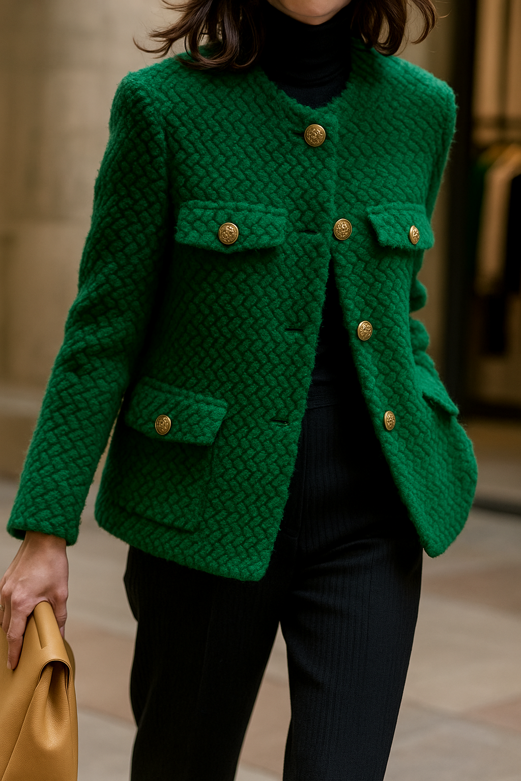Women's Textured Boucle Jacket with Gold Button Front and Pockets