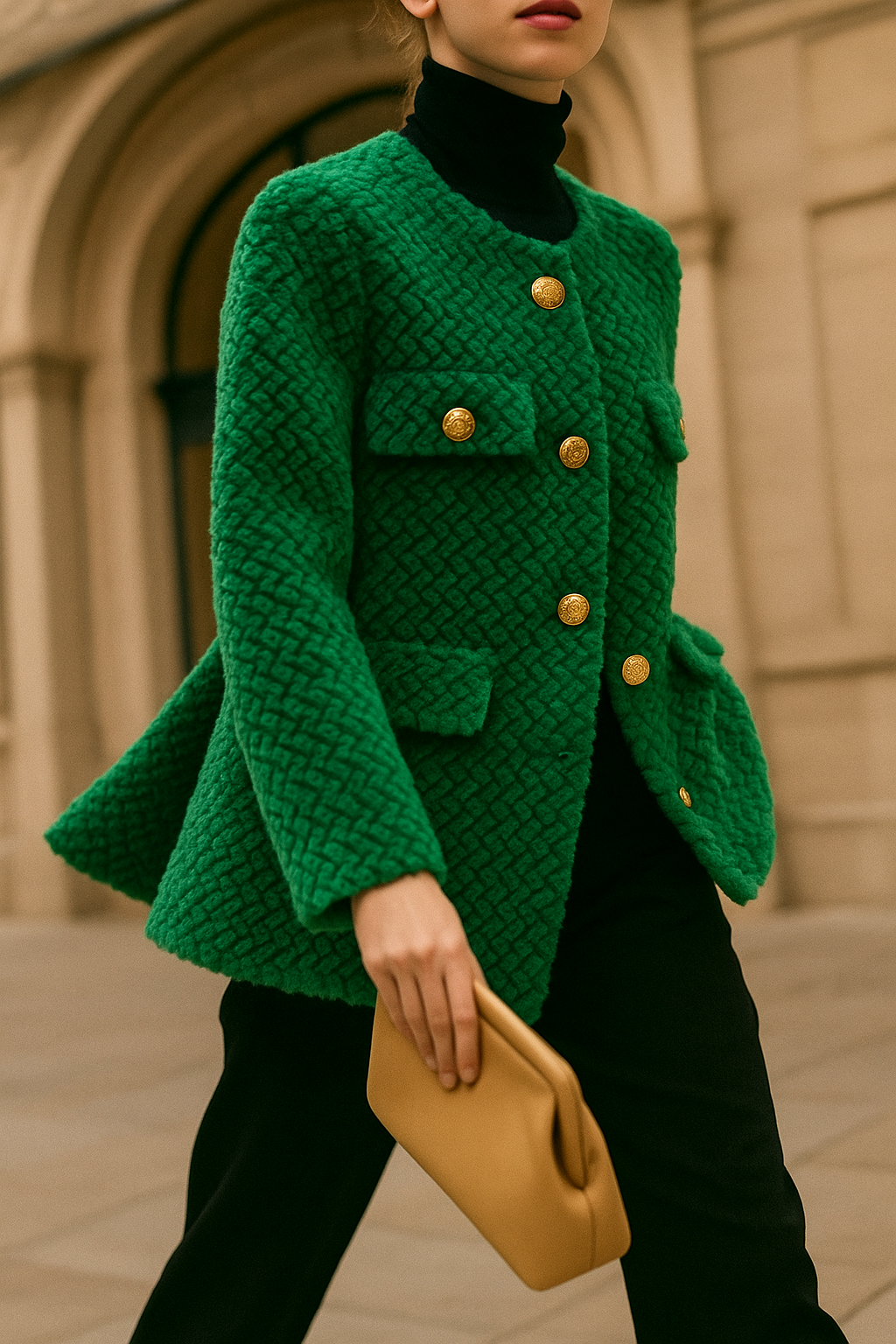 Women's Textured Boucle Jacket with Gold Button Front and Pockets